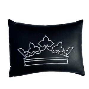 Crown Throw Pillow 14x9 Black Faux Leather White Embroidered Regal